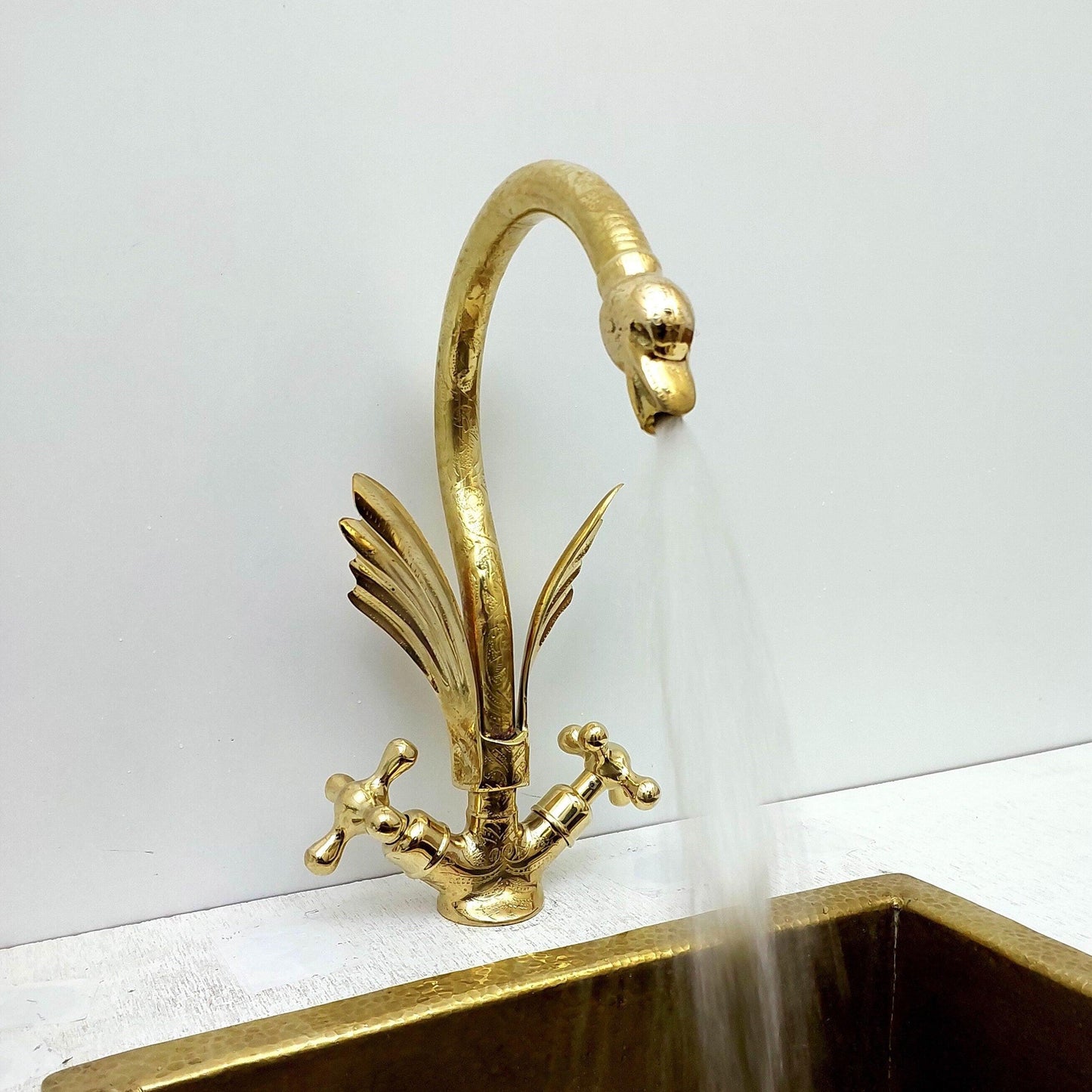 Unlacquered Brass Swan Engraved Faucet with two Cross Handles - Ref: FA010-EC