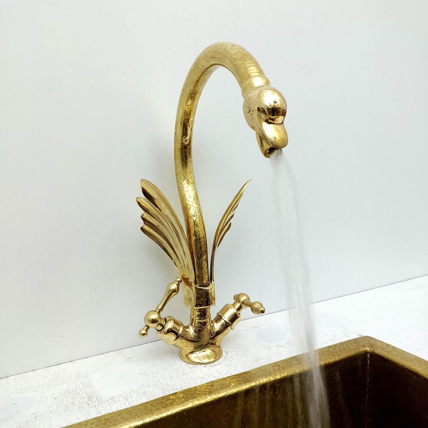 Unlacquered Brass Swan Engraved Faucet with two Lever Handles - Ref: FA010-EL