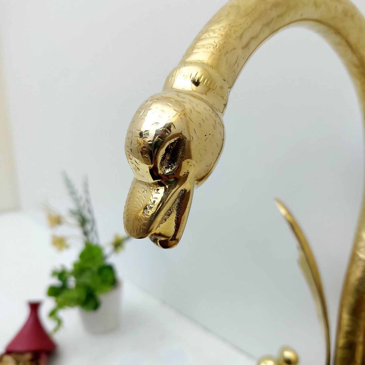 Unlacquered Brass Swan Engraved Faucet with two Cross Handles - Ref: FA010-EC