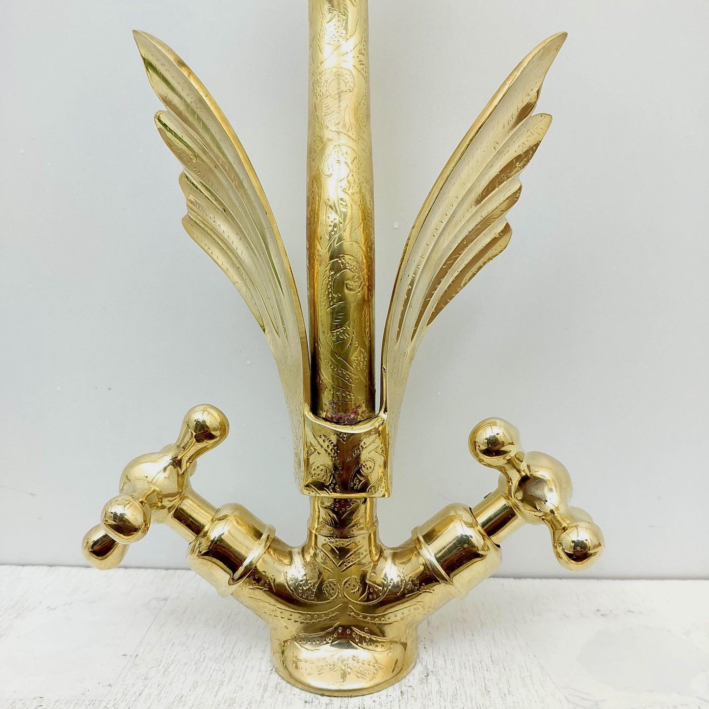 Unlacquered Brass Swan Engraved Faucet with two Cross Handles - Ref: FA010-EC