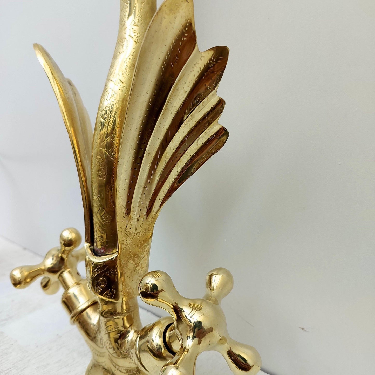 Unlacquered Brass Swan Engraved Faucet with two Cross Handles - Ref: FA010-EC