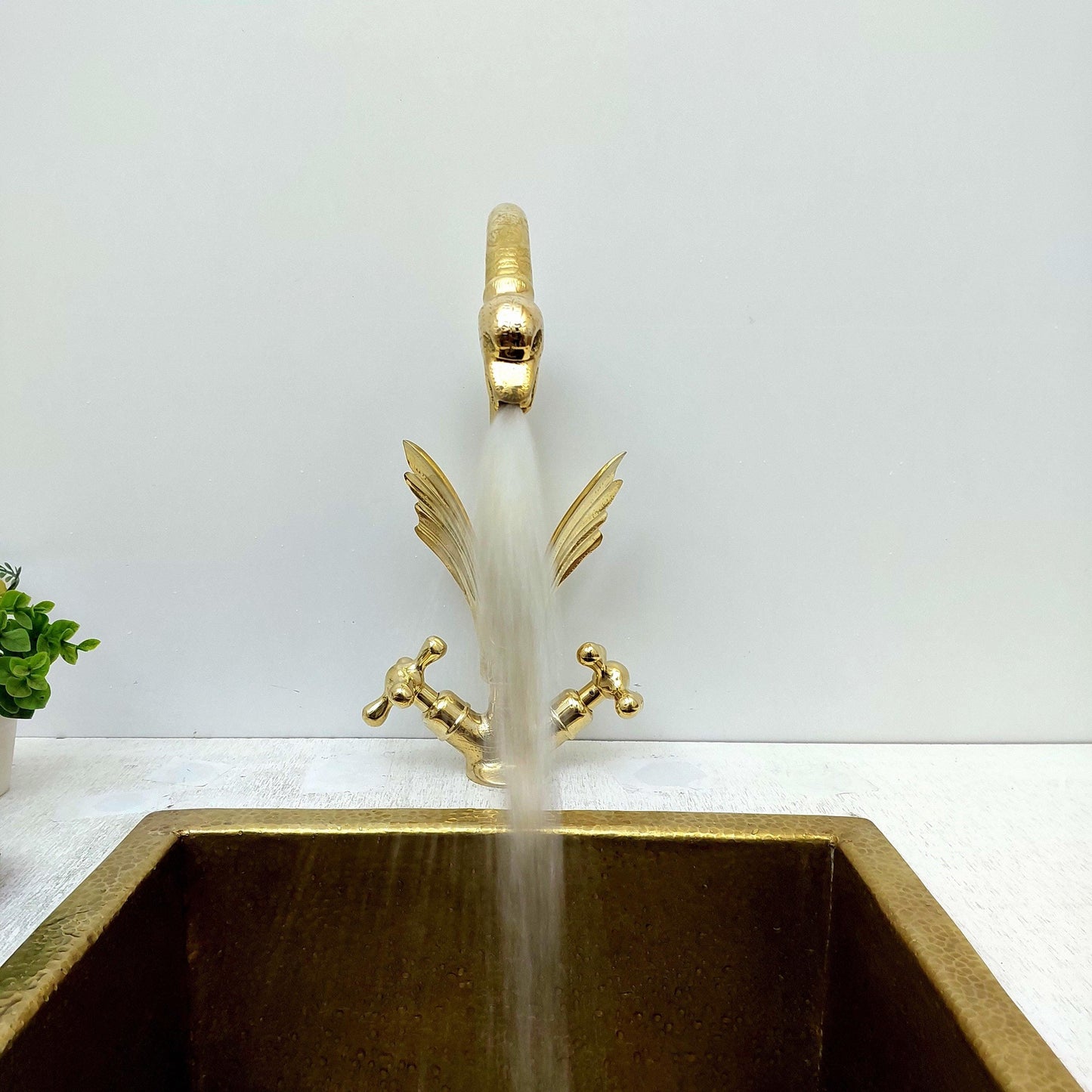 Unlacquered Brass Swan Engraved Faucet with two Cross Handles - Ref: FA010-EC