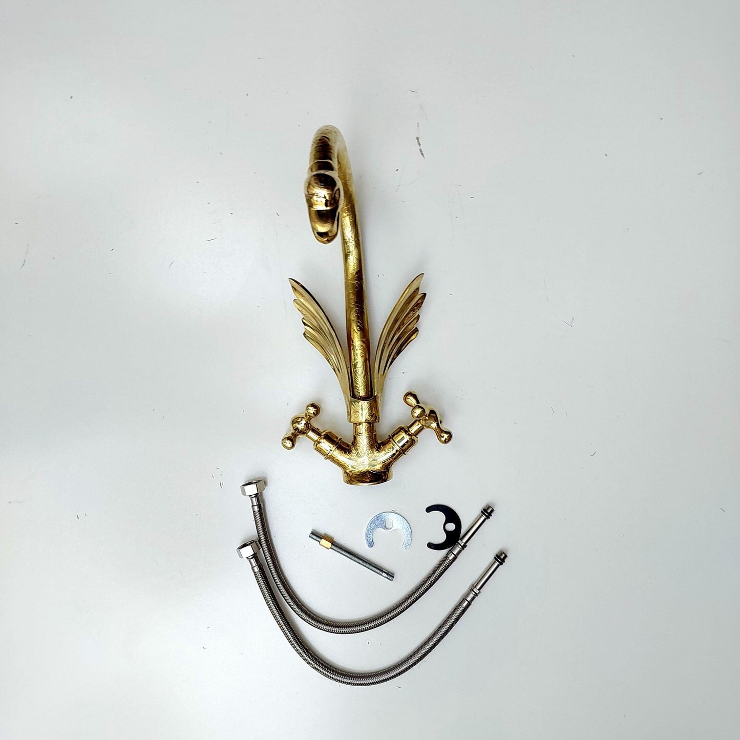 Unlacquered Brass Swan Engraved Faucet with two Cross Handles - Ref: FA010-EC