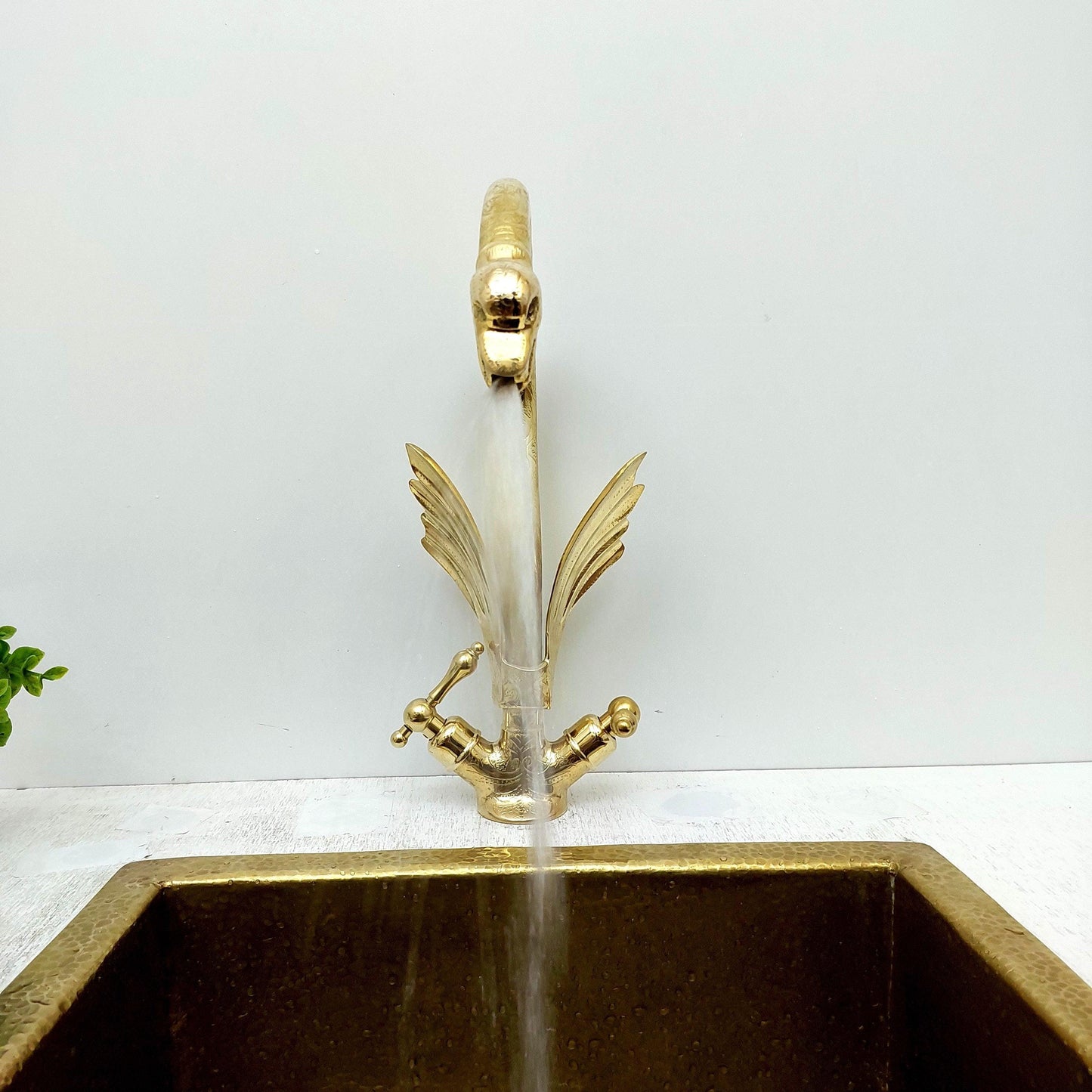 Unlacquered Brass Swan Engraved Faucet with two Lever Handles - Ref: FA010-EL