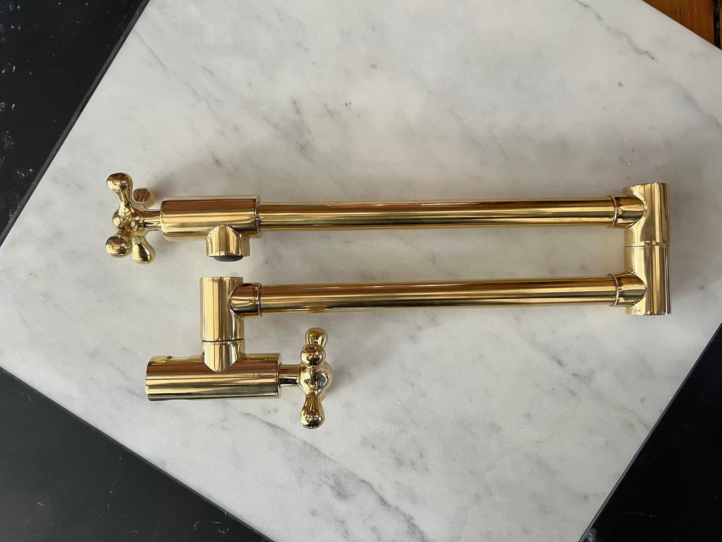Unlacquered Brass Double Joint Pot Filler, Wall Mount Antique Pot Filler with Cross Handle- Ref: PF-002-C