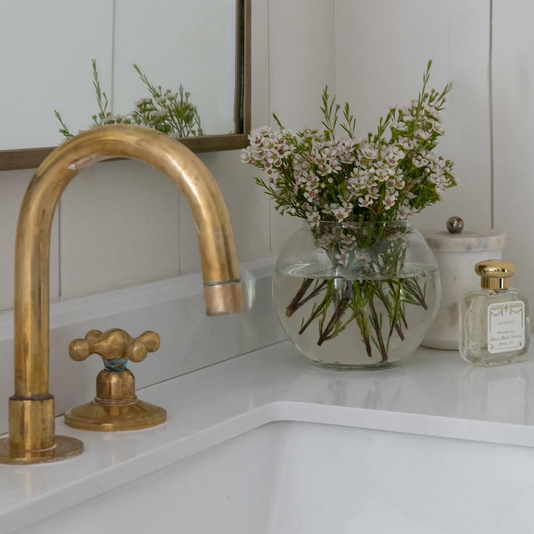 Unlacquered Brass 3 Holes Faucet, Deck Mounted Faucet With Cross Handles