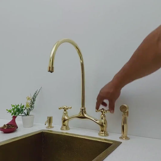Unlacquered Brass Bridge Vintage Kitchen Faucet With Sprayer and Soap Dispenser, Living Finish Antique Brass Kitchen Faucet-ref:APCL-9