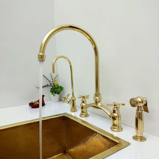 Unlacquered Brass Bridge Kitchen Faucet With Sprayer and Cross Handles - 8" Spread - Ref: APC-1