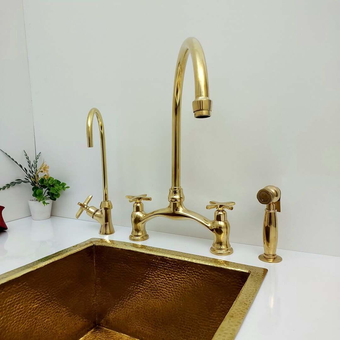 Unlacquered Brass Bridge Kitchen Faucet With Sprayer and Cross Handles - 8" Spread - Ref: APC-1