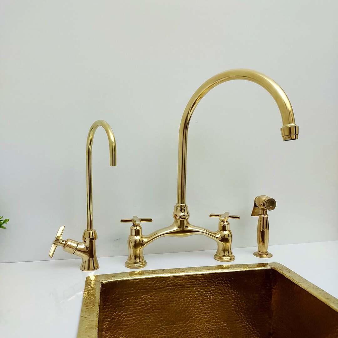 Unlacquered Brass Bridge Kitchen Faucet With Sprayer and Cross Handles - 8" Spread - Ref: APC-1