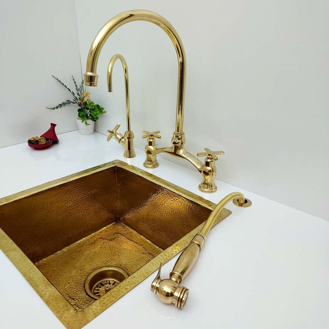 Unlacquered Brass Bridge Kitchen Faucet With Sprayer and Cross Handles - 8" Spread - Ref: APC-1
