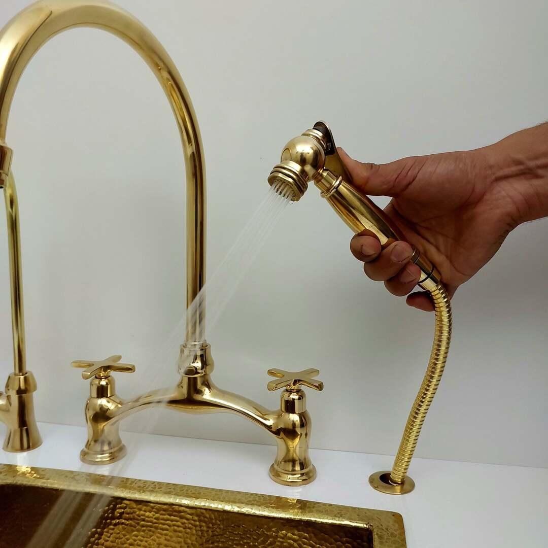 Unlacquered Brass Bridge Kitchen Faucet With Sprayer and Cross Handles - 8" Spread - Ref: APC-1