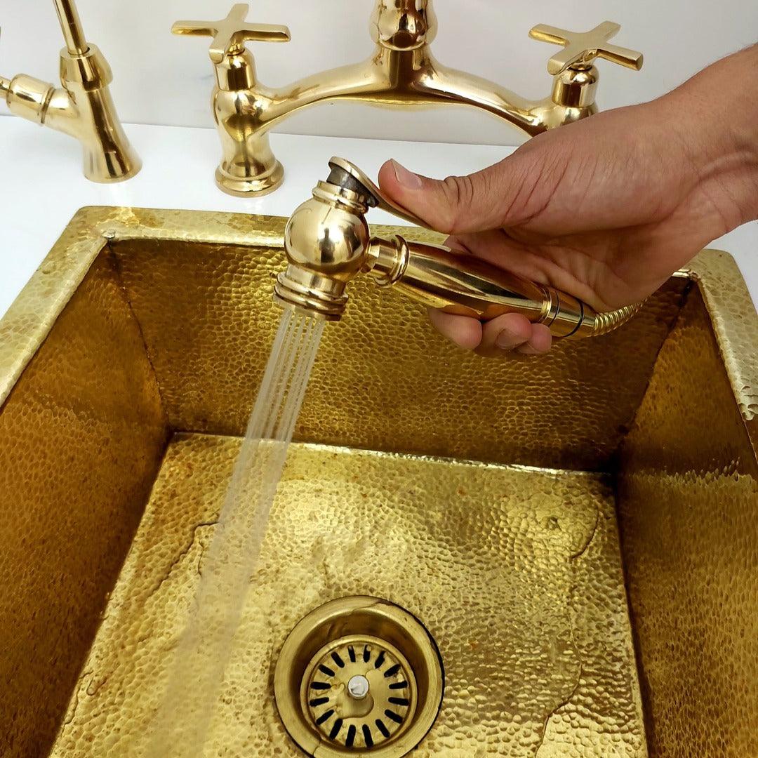 Unlacquered Brass Bridge Kitchen Faucet With Sprayer and Cross Handles - 8" Spread - Ref: APC-1