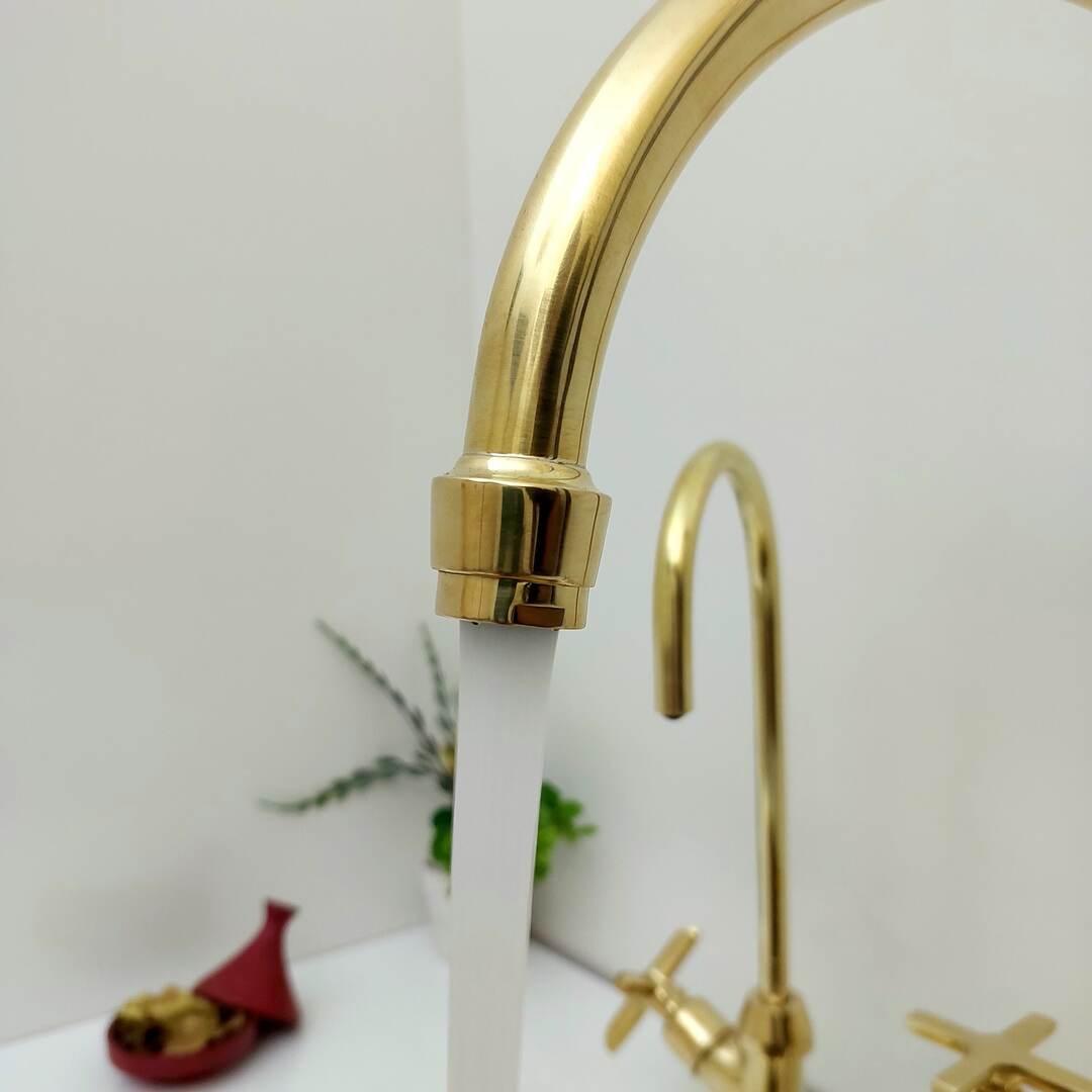 Unlacquered Brass Bridge Kitchen Faucet With Sprayer and Cross Handles - 8" Spread - Ref: APC-1