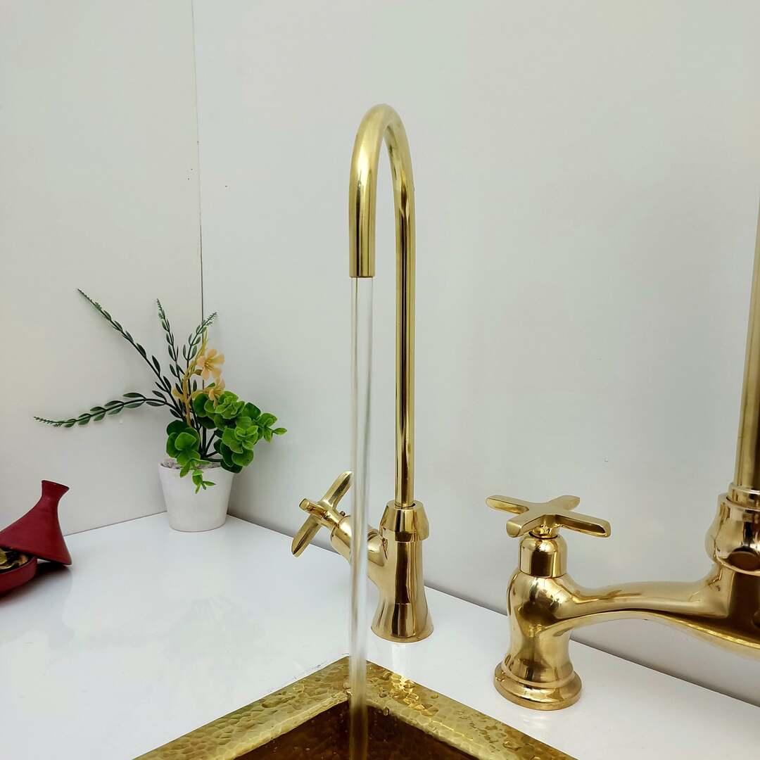 Unlacquered Brass Bridge Kitchen Faucet With Sprayer and Cross Handles - 8" Spread - Ref: APC-1