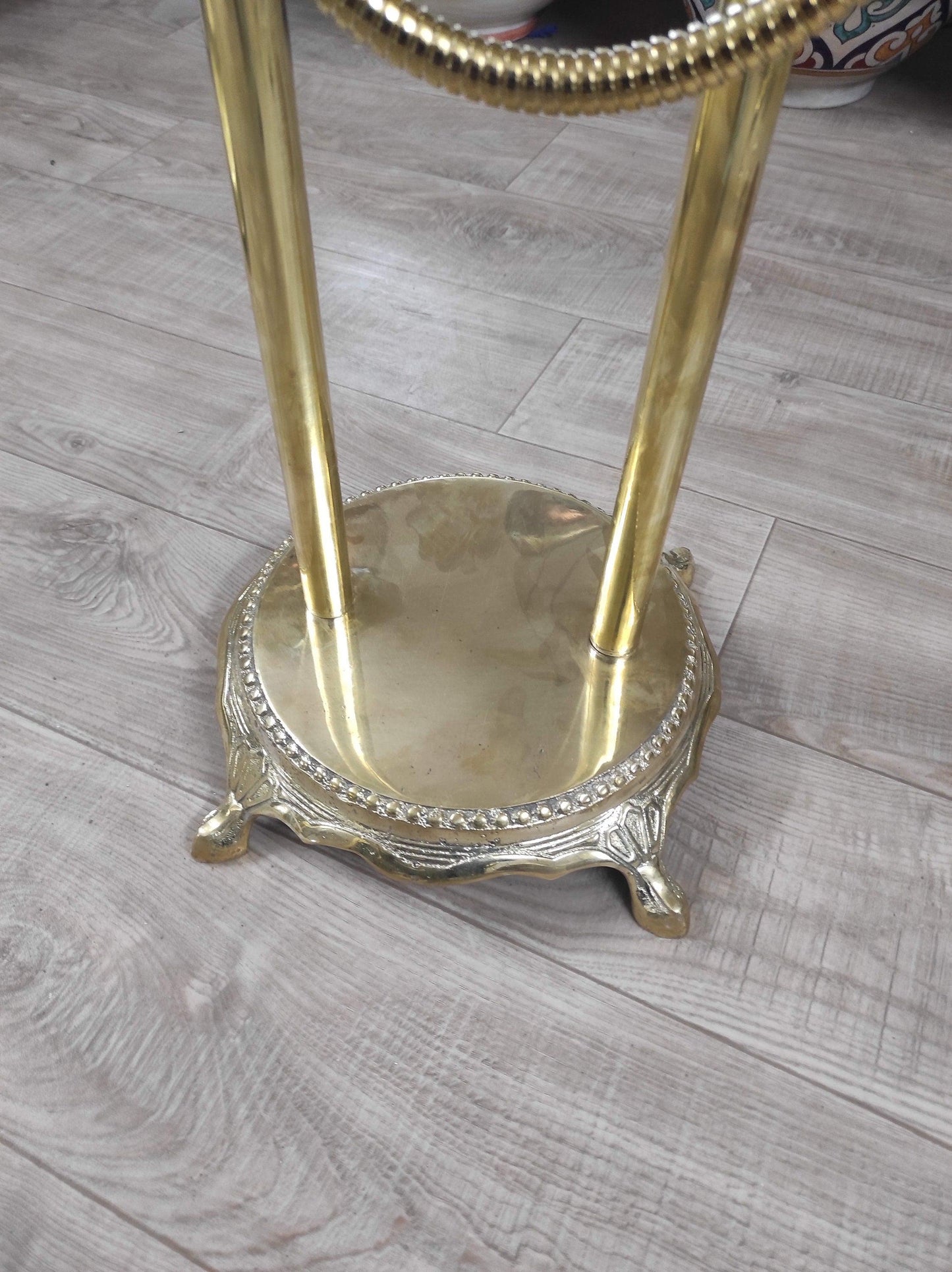 Hand-held, unlacquered brass faucet with solid brass freestanding tub filler