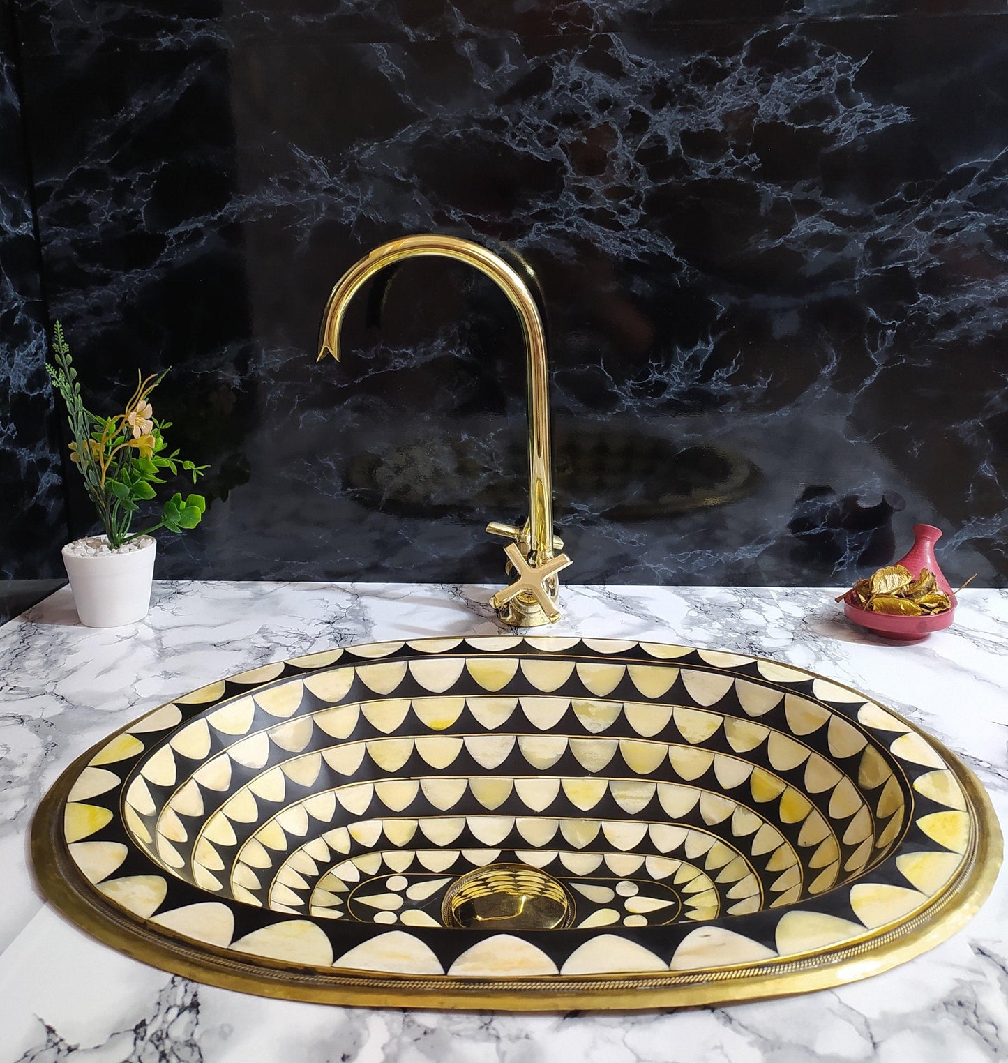 Curved Solid Brass Bathroom Faucet with Simple Cross Handles, Uncoated Brass Faucet