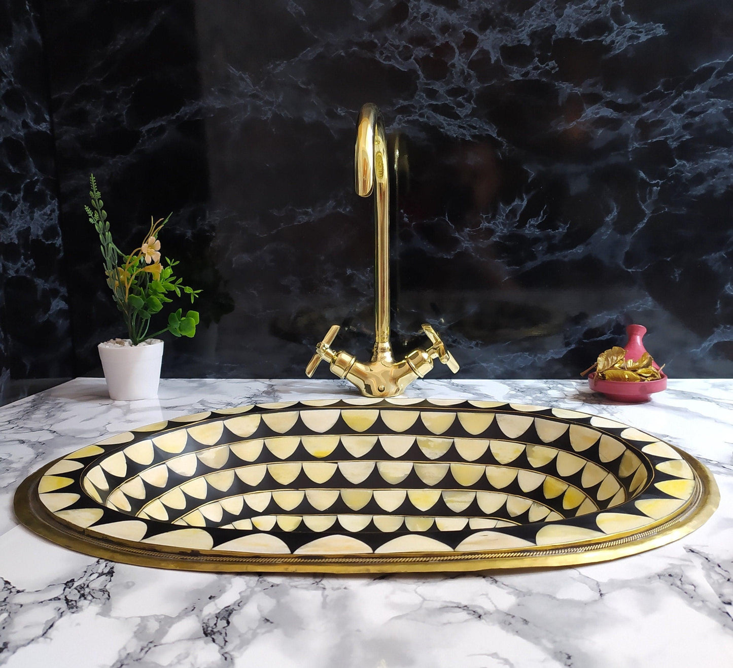 Curved Solid Brass Bathroom Faucet with Simple Cross Handles, Uncoated Brass Faucet