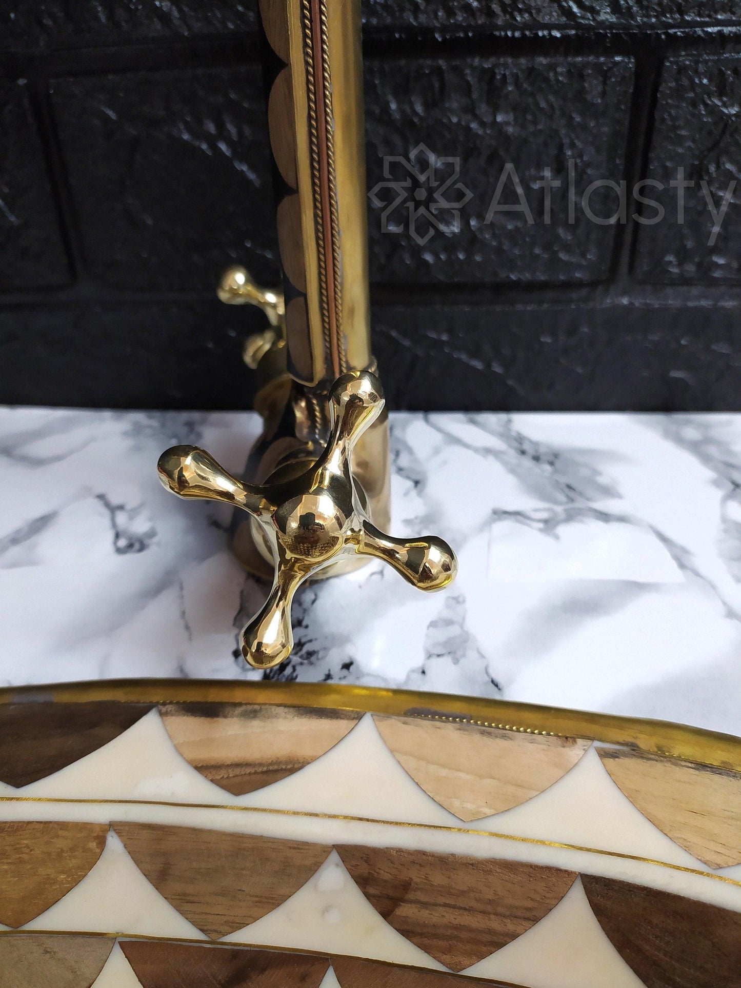 Unlacquered Brass And Resin Bathroom Faucet, Handcrafted, Black and Brown Pattern