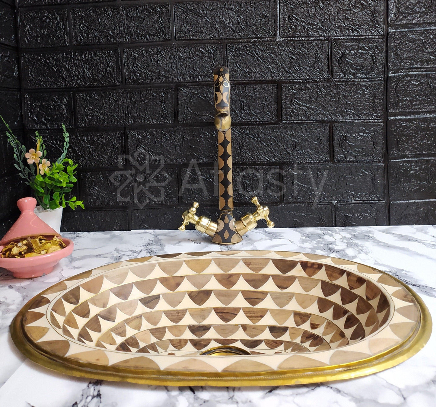 Unlacquered Brass And Resin Bathroom Faucet, Handcrafted, Black and Brown Pattern