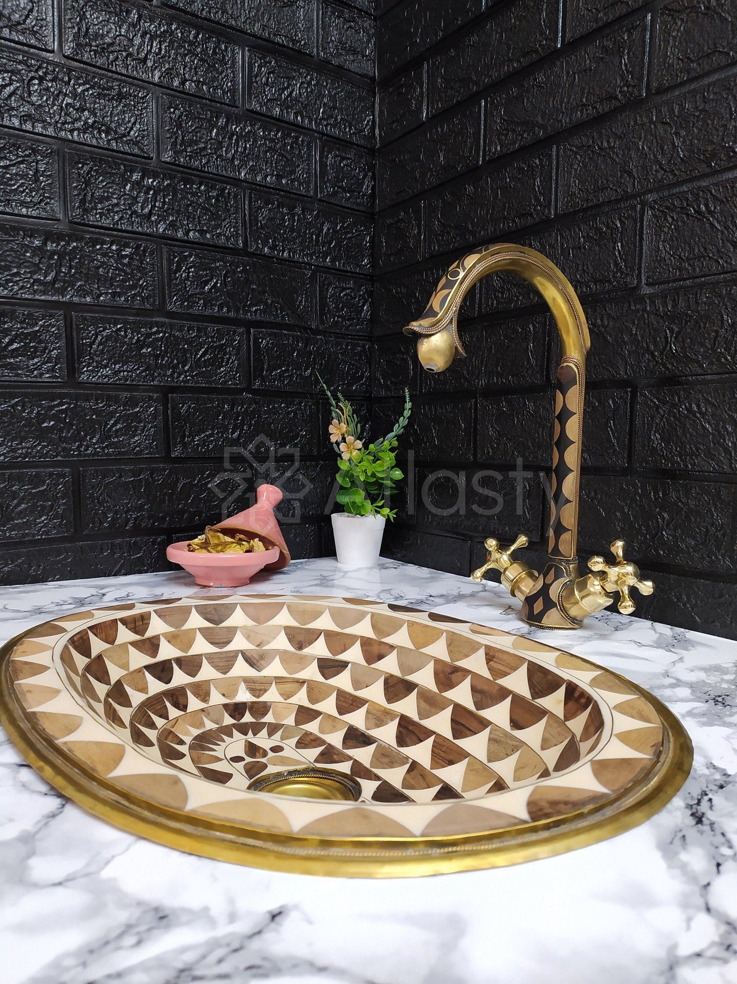 Unlacquered Brass And Resin Bathroom Faucet, Handcrafted, Black and Brown Pattern