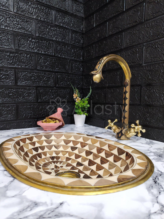 Unlacquered Brass And Resin Bathroom Faucet, Handcrafted, Black and Brown Pattern