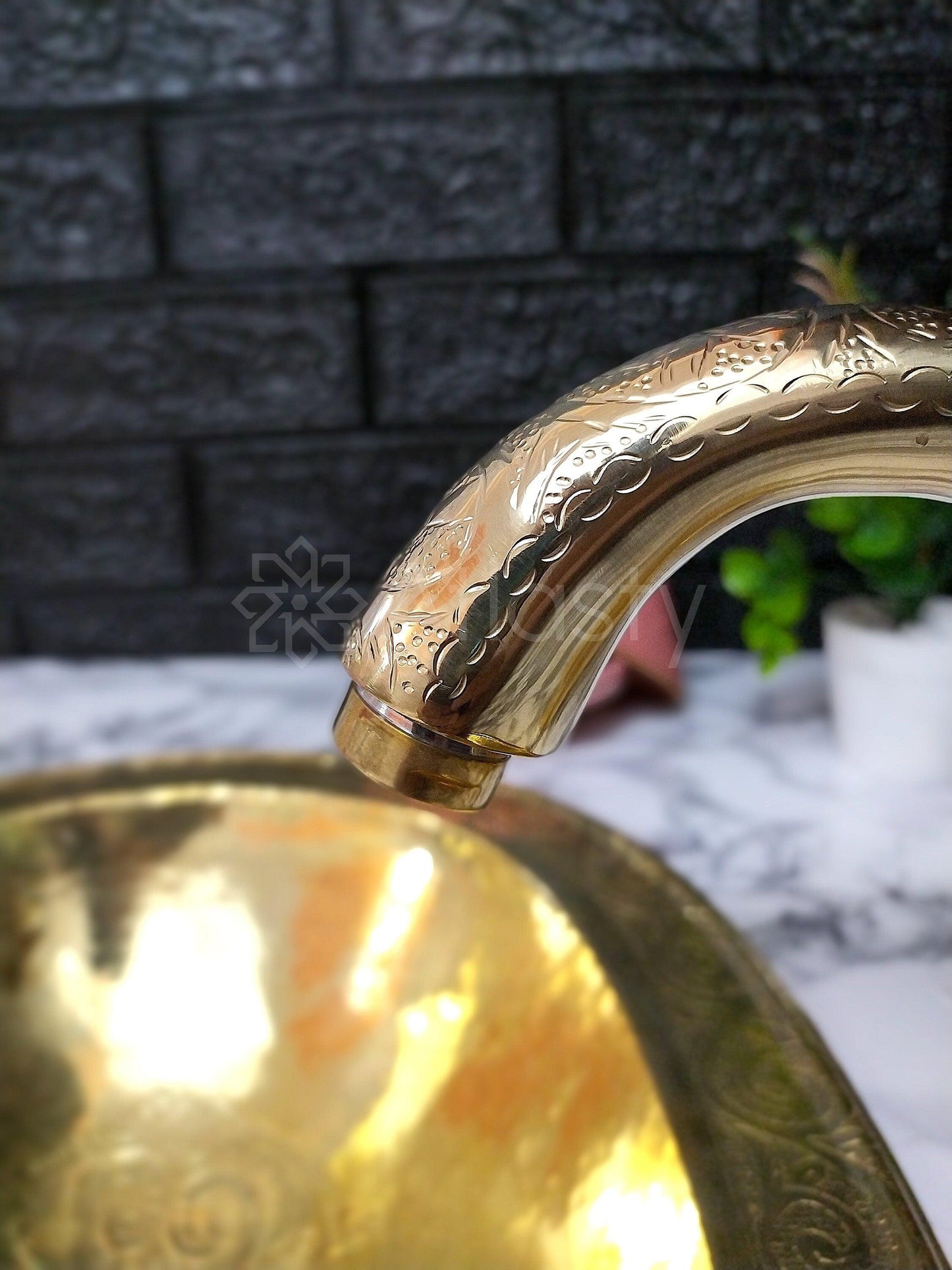 Engraved Brass Faucet with Cross Handles, Unlacquered Brass, Bathroom Faucet, Kitchen Faucet