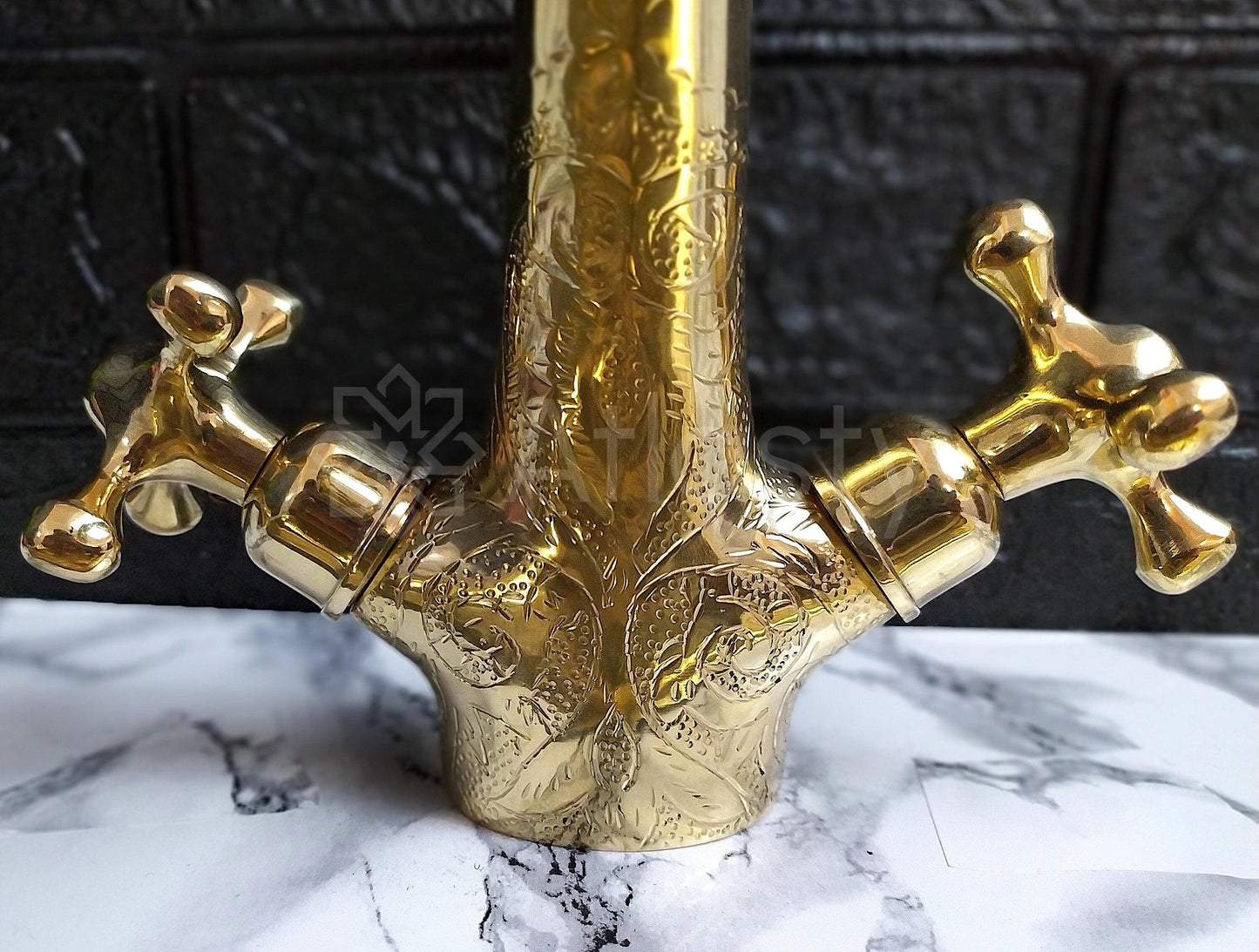 Engraved Brass Faucet with Cross Handles, Unlacquered Brass, Bathroom Faucet, Kitchen Faucet