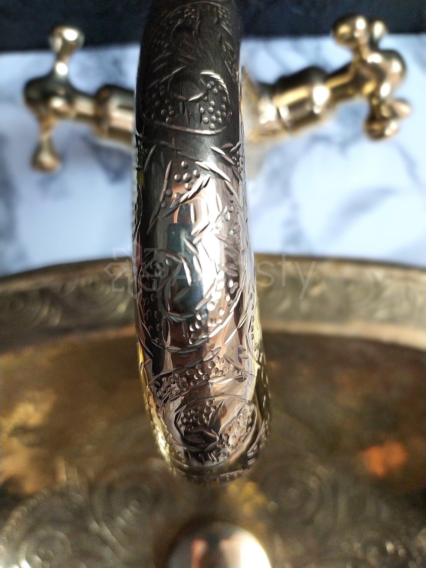 Engraved Brass Faucet with Cross Handles, Unlacquered Brass, Bathroom Faucet, Kitchen Faucet