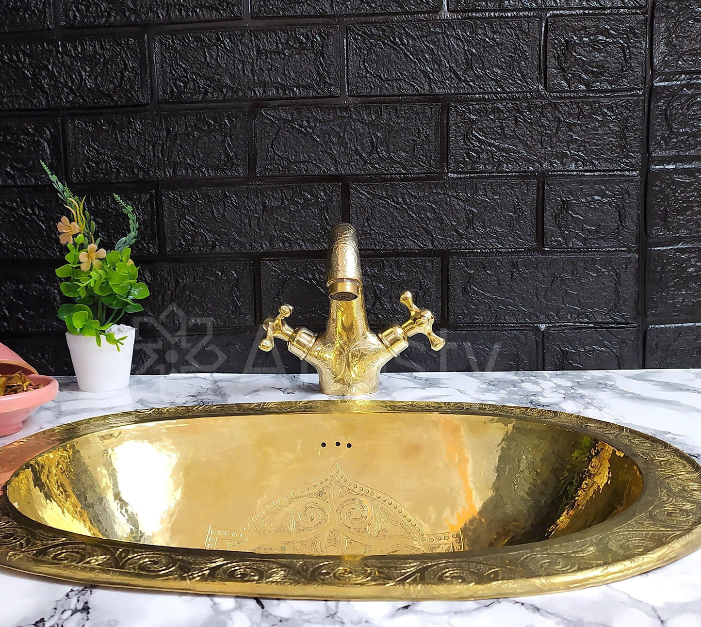 Engraved Brass Faucet with Cross Handles, Unlacquered Brass, Bathroom Faucet, Kitchen Faucet