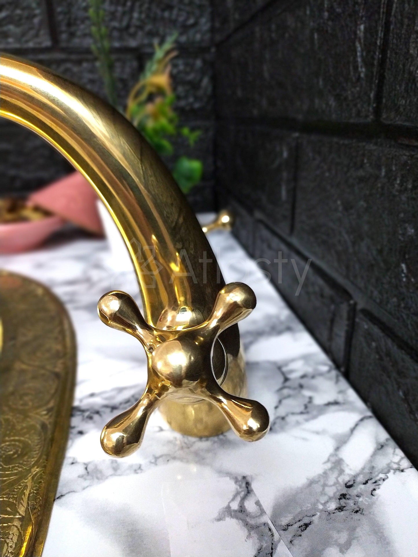 Smooth Brass Faucet with Cross Handles, Unlacquered Brass, Bathroom Faucet, Kitchen Faucet