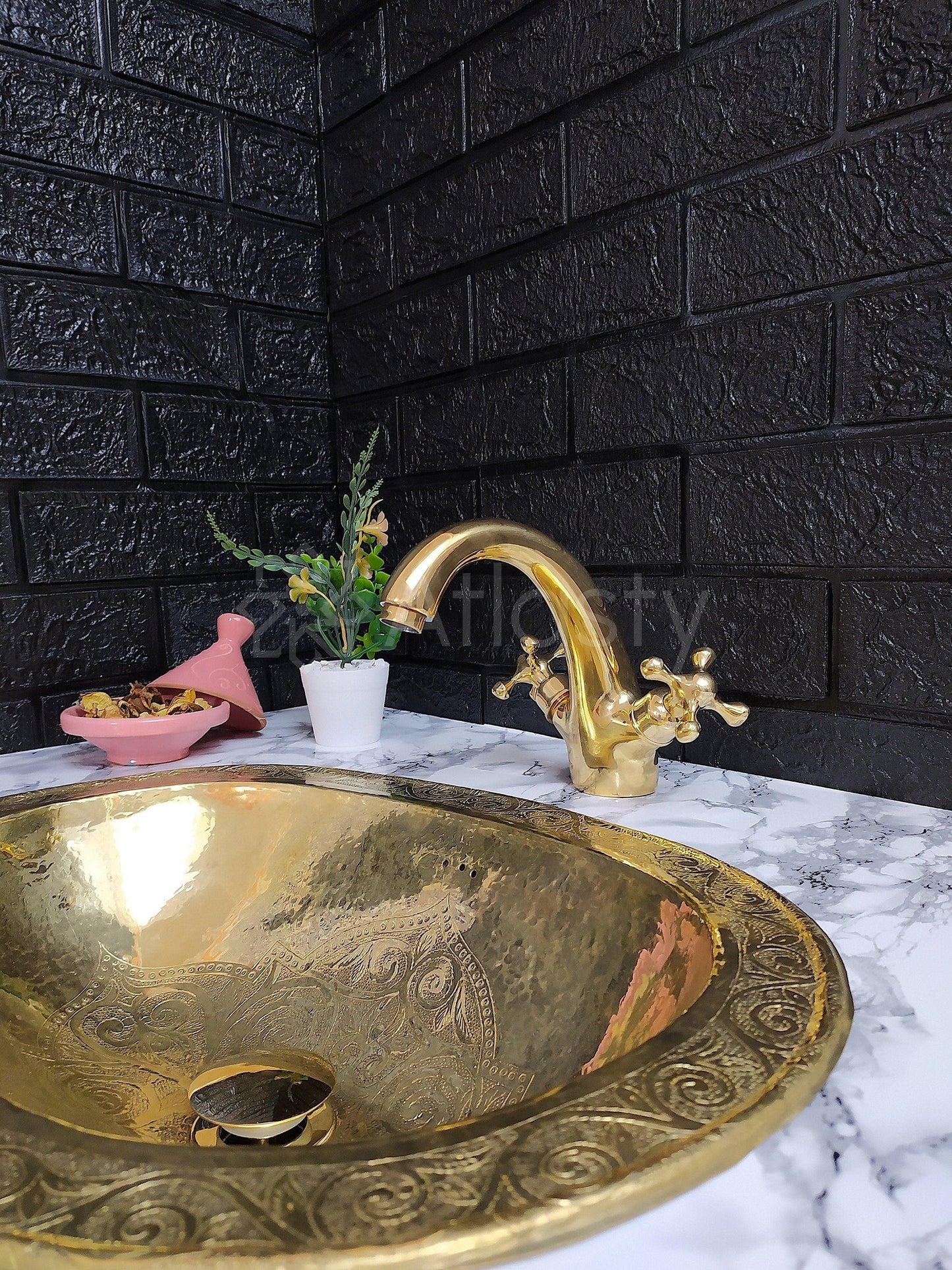 Smooth Brass Faucet with Cross Handles, Unlacquered Brass, Bathroom Faucet, Kitchen Faucet