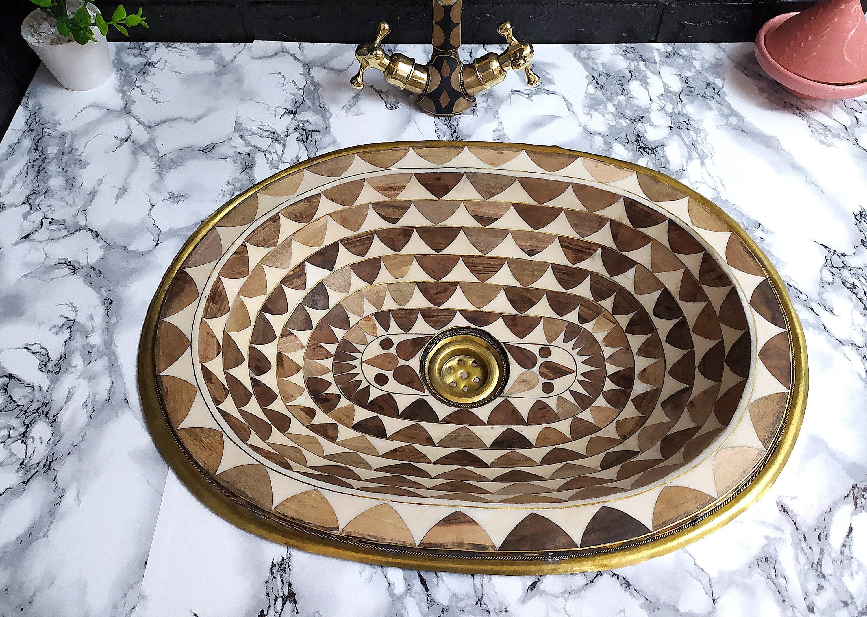 Brass Handmade Oval Bathroom Sink Studded With Wood And Resin - Ref: SN002