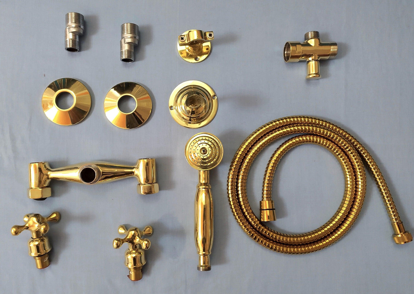 Antique Brass Shower System with Round Shower Head, Handheld Shower, and 3 Handles - Ref: ATLASS26