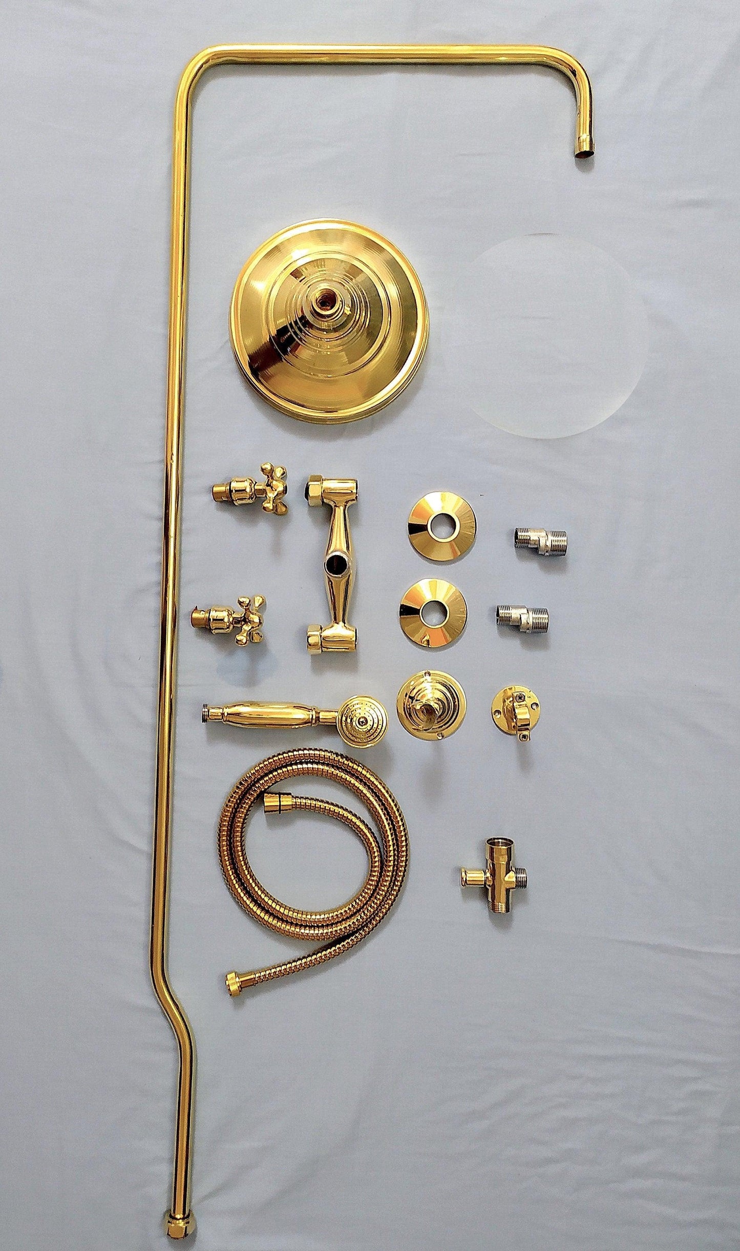 Antique Brass Shower System with Round Shower Head, Handheld Shower, and 3 Handles - Ref: ATLASS26