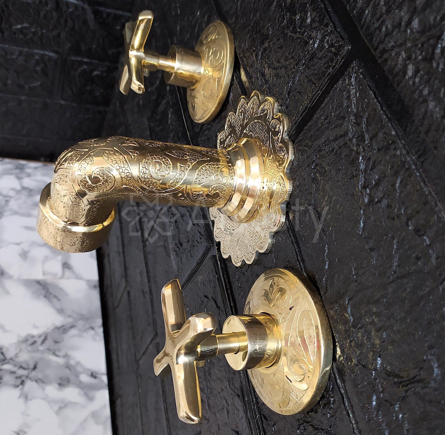 Unlacquered Brass Wall Mounted Bathroom Vessel Sink Faucet With Cross Handles, Engraved Antique Brass Faucet