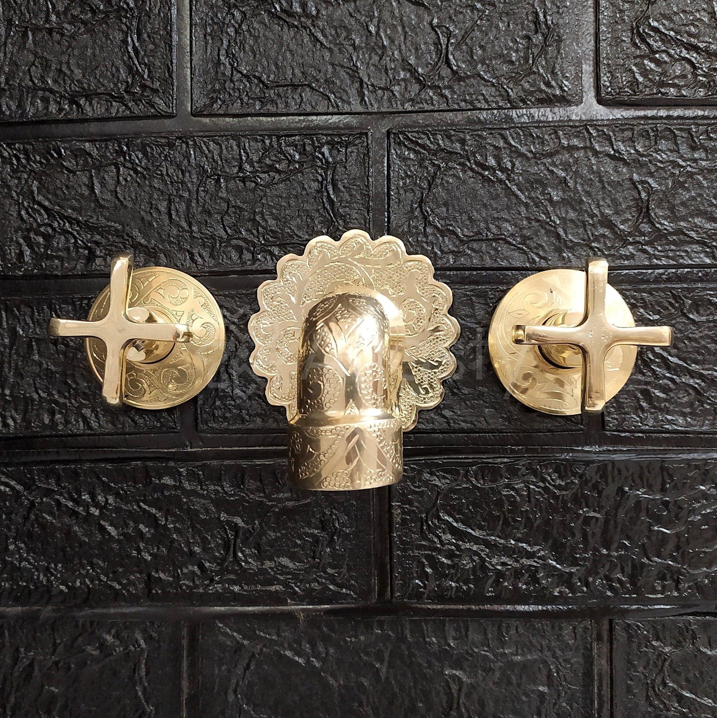 Unlacquered Brass Wall Mounted Bathroom Vessel Sink Faucet With Cross Handles, Engraved Antique Brass Faucet