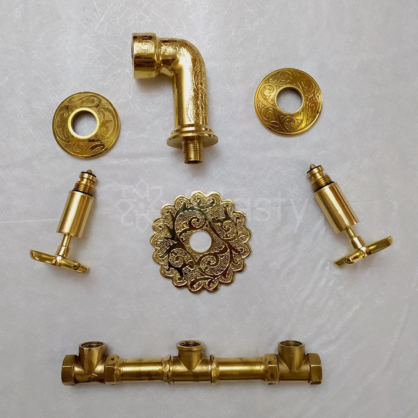 Unlacquered Brass Wall Mounted Bathroom Vessel Sink Faucet With Cross Handles, Engraved Antique Brass Faucet