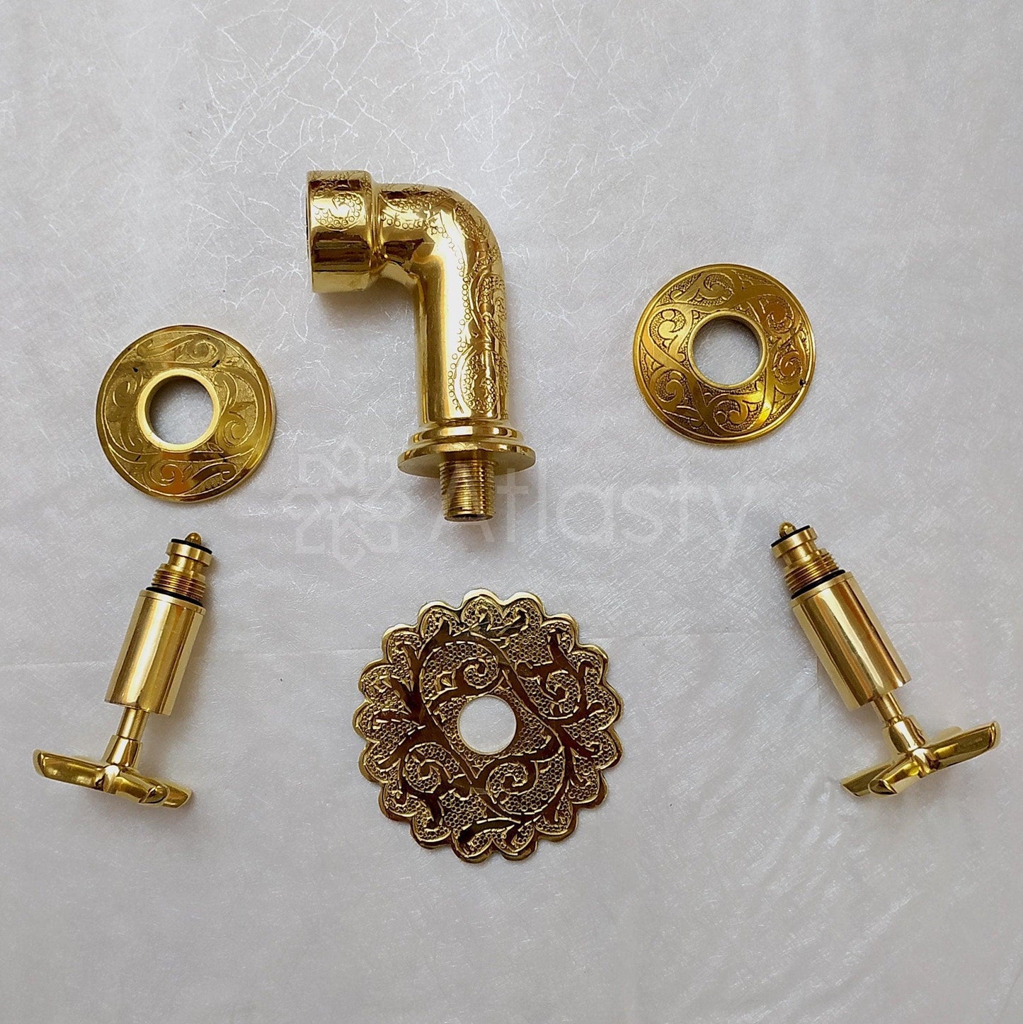 Unlacquered Brass Wall Mounted Bathroom Vessel Sink Faucet With Cross Handles, Engraved Antique Brass Faucet