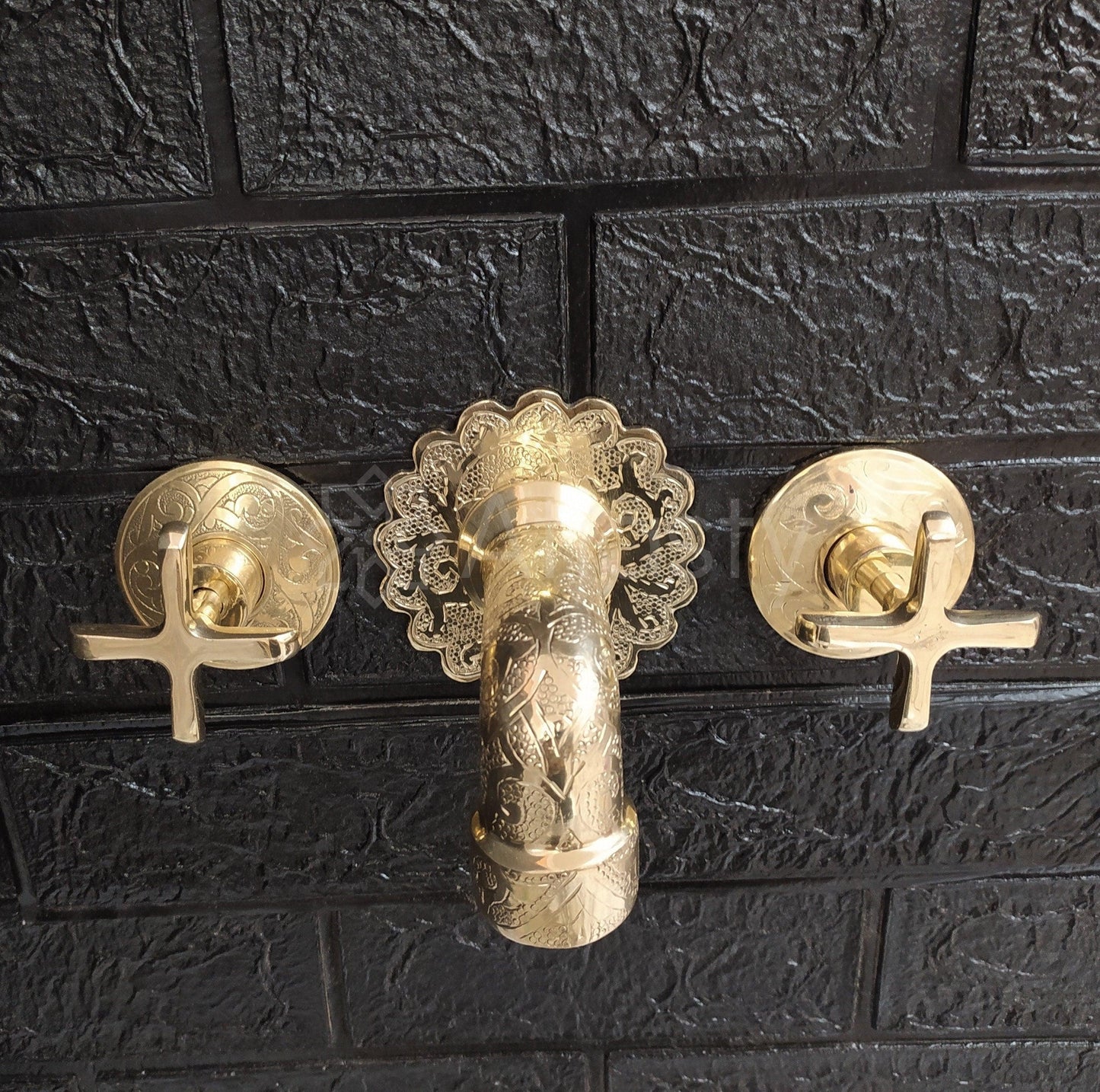 Unlacquered Brass Wall Mounted Bathroom Vessel Sink Faucet With Cross Handles, Engraved Antique Brass Faucet