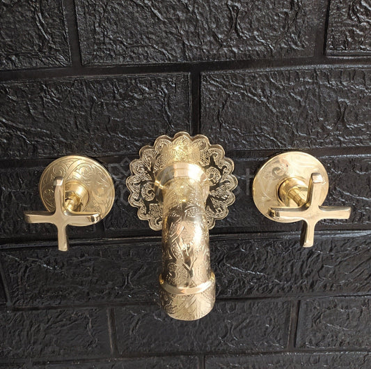 Unlacquered Brass Wall Mounted Bathroom Vessel Sink Faucet With Cross Handles, Engraved Antique Brass Faucet