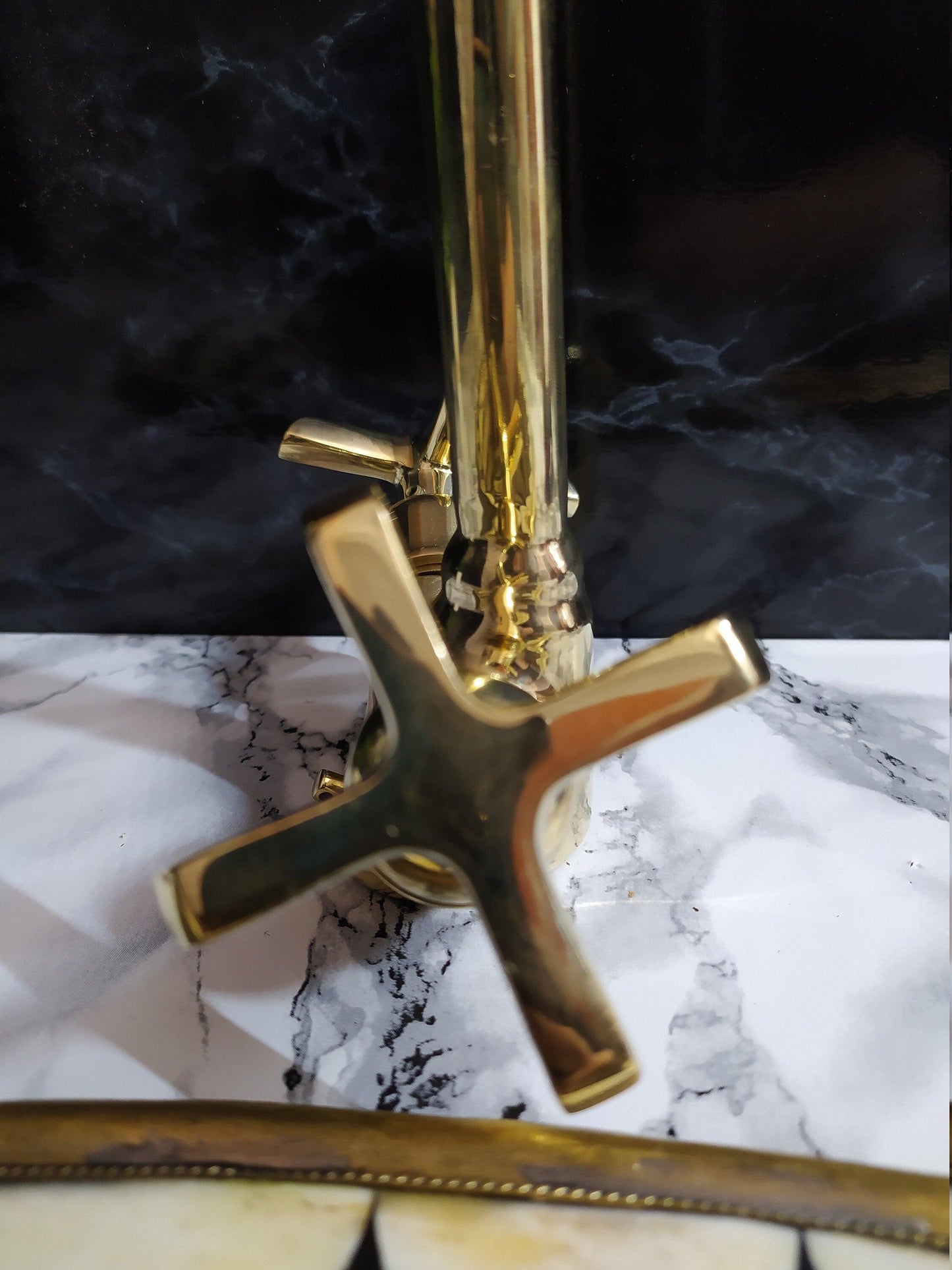 Curved Solid Brass Bathroom Faucet with Simple Cross Handles, Uncoated Brass Faucet
