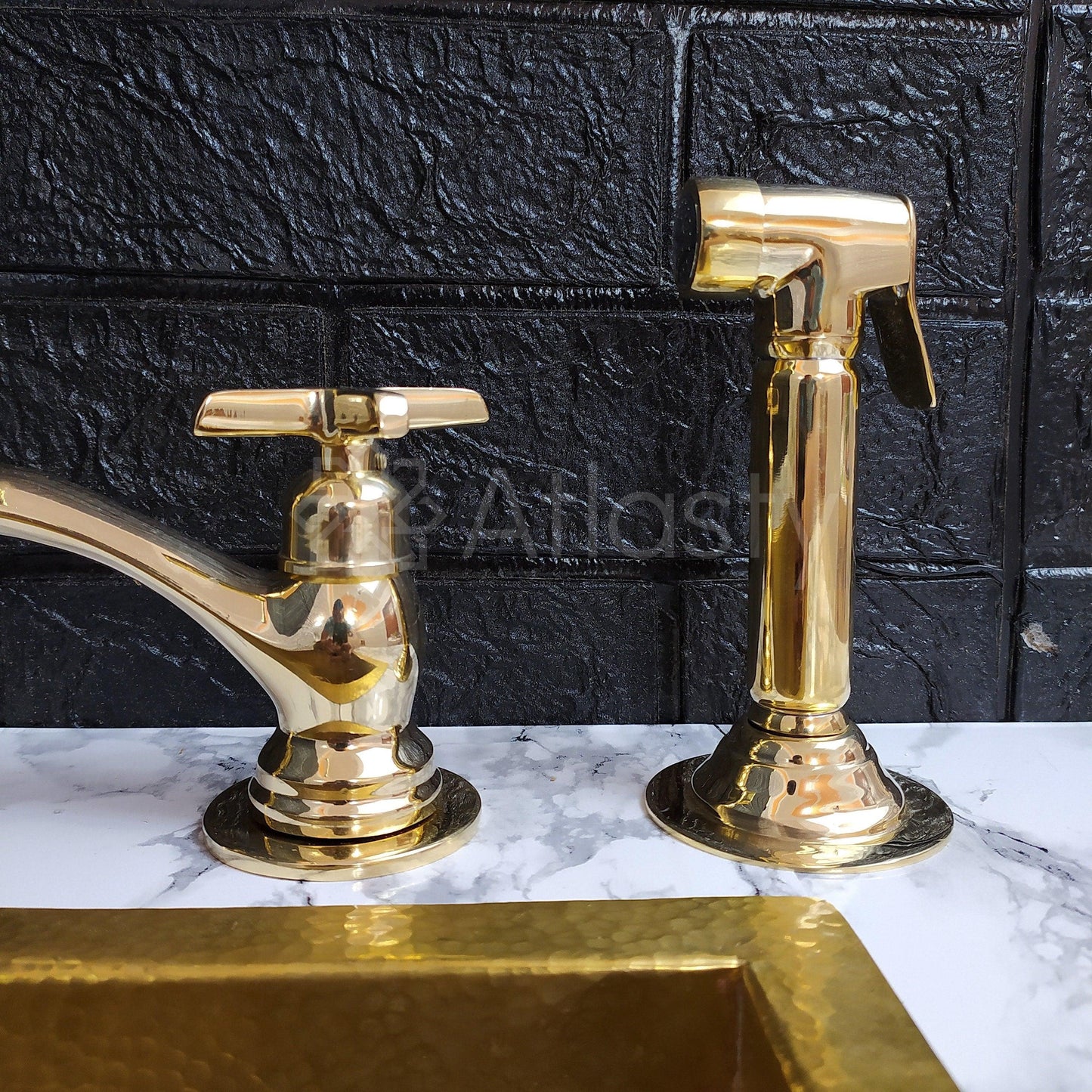 Unlacquered Brass Bridge Kitchen Faucet with Sprayer, Cold Water Tap, and Cross Handles - Ref: APC-85