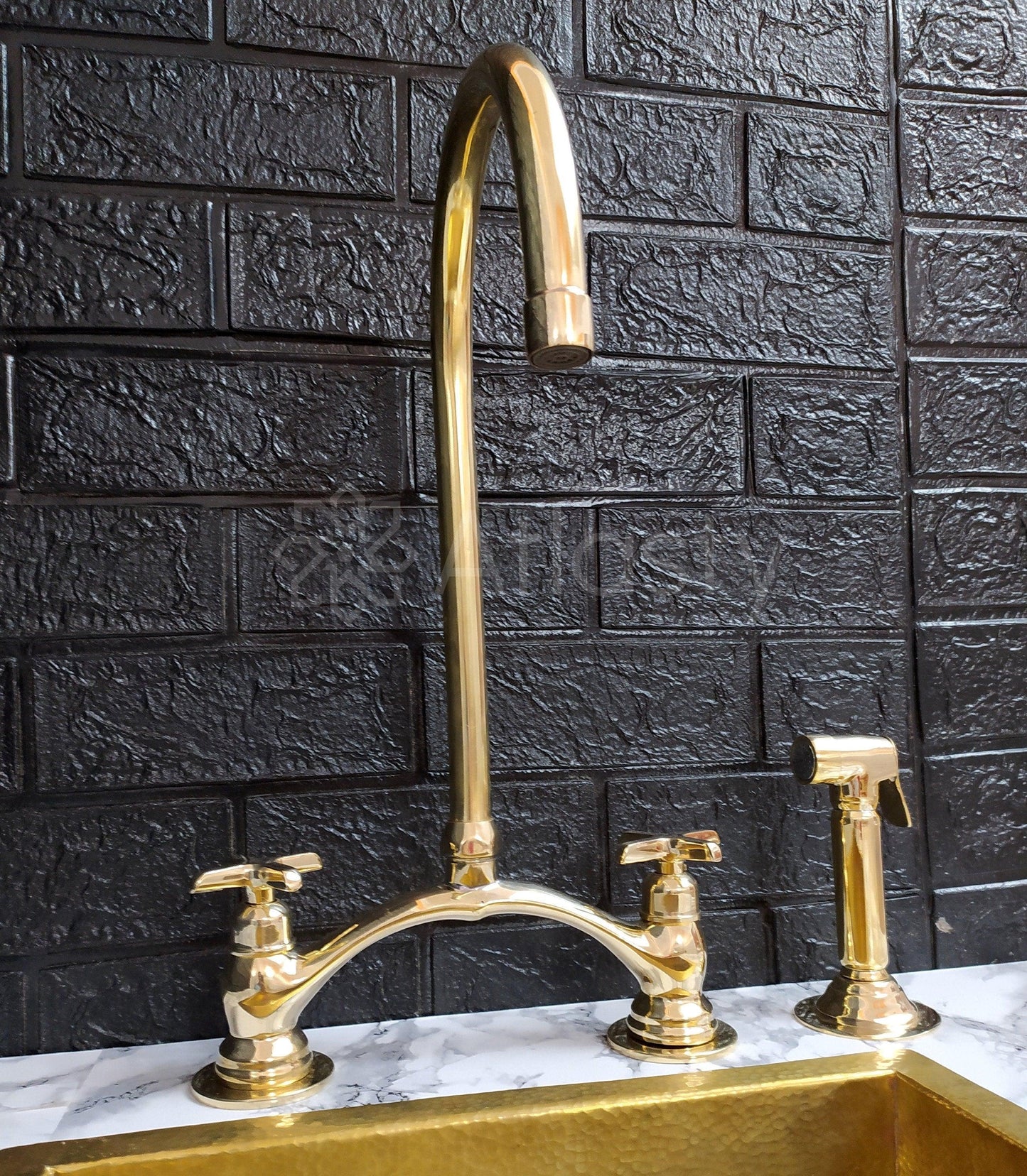 Unlacquered Brass Bridge Kitchen Faucet with Sprayer, Cold Water Tap, and Cross Handles - Ref: APC-85