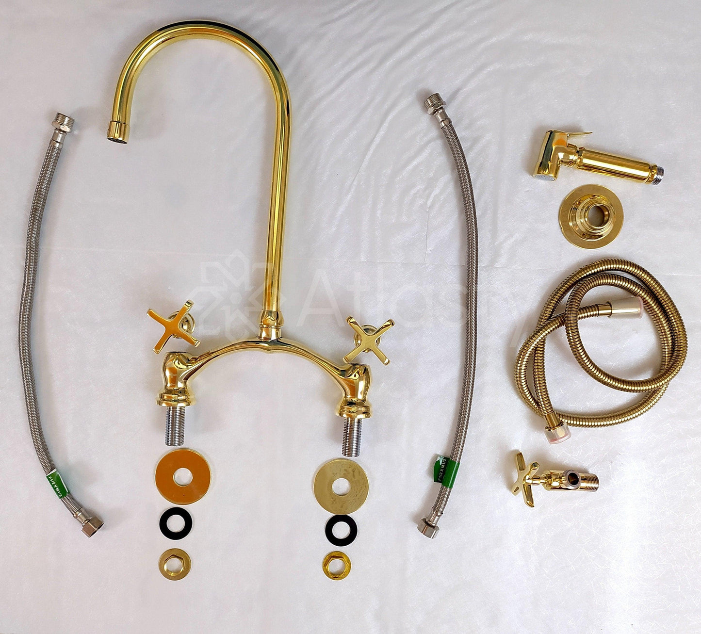 Unlacquered Brass Bridge Kitchen Faucet with Sprayer, Cold Water Tap, and Cross Handles - Ref: APC-85