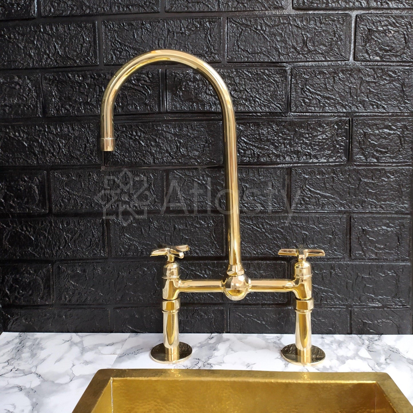 Unlacquered Brass Bridge Kitchen Faucet With Cross Handles- Ref: APC-82