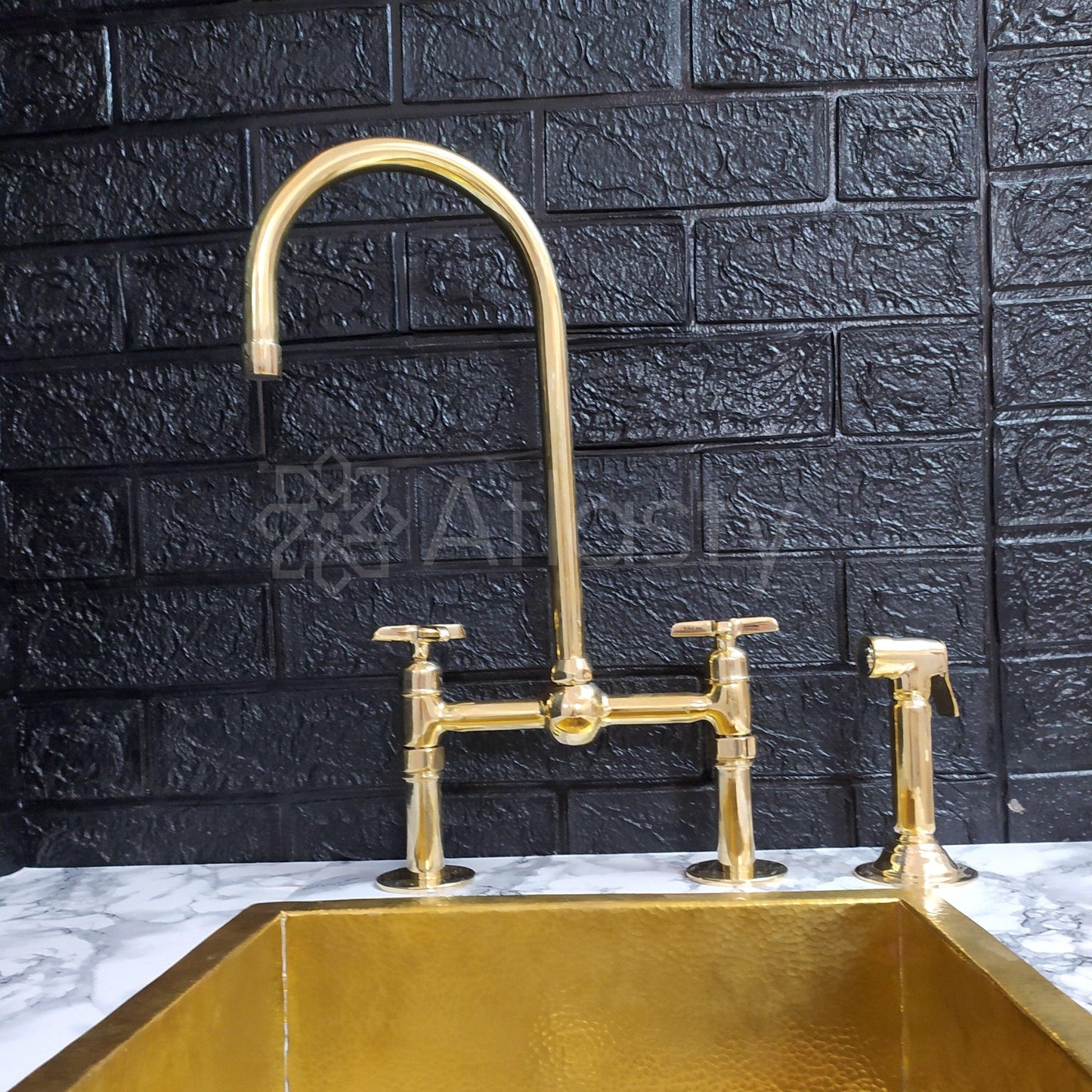 Unlacquered Brass Bridge Kitchen Faucet With Cross Handles- Ref: APC-82