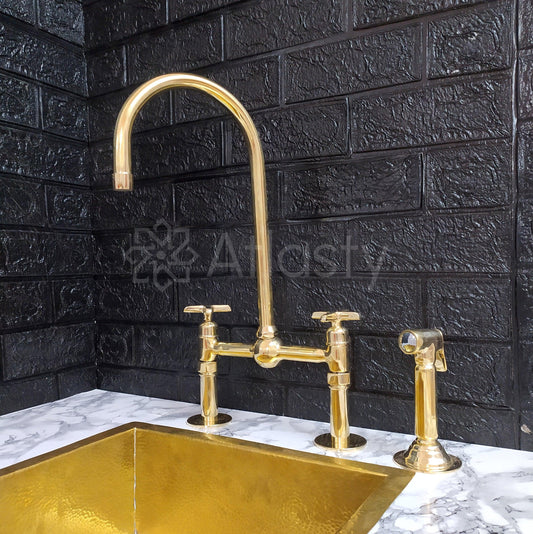 Unlacquered Brass Bridge Kitchen Faucet With Cross Handles- Ref: APC-82