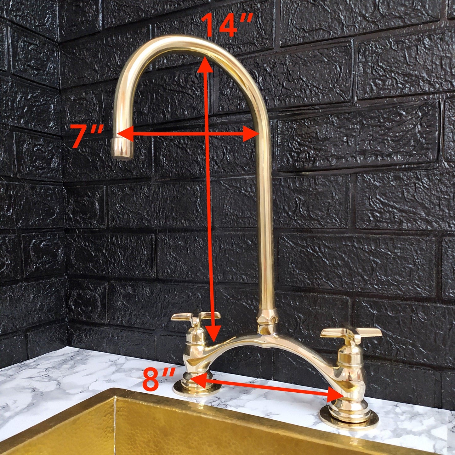 Unlacquered Brass Bridge Kitchen Faucet with Sprayer, Cold Water Tap, and Cross Handles - Ref: APC-85