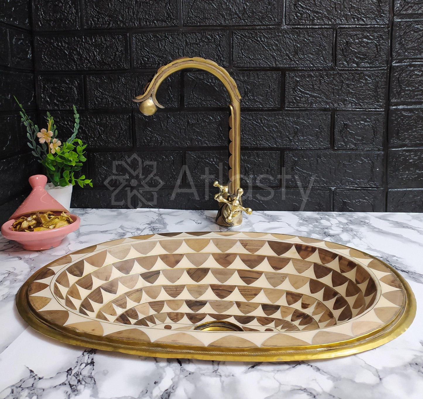 Unlacquered Brass And Resin Bathroom Faucet, Handcrafted, Black and Brown Pattern